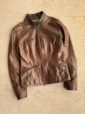 m0851 Womens Brown Genuine Leather Cafe Racer Motorcycle Jacket Size 2 Canada